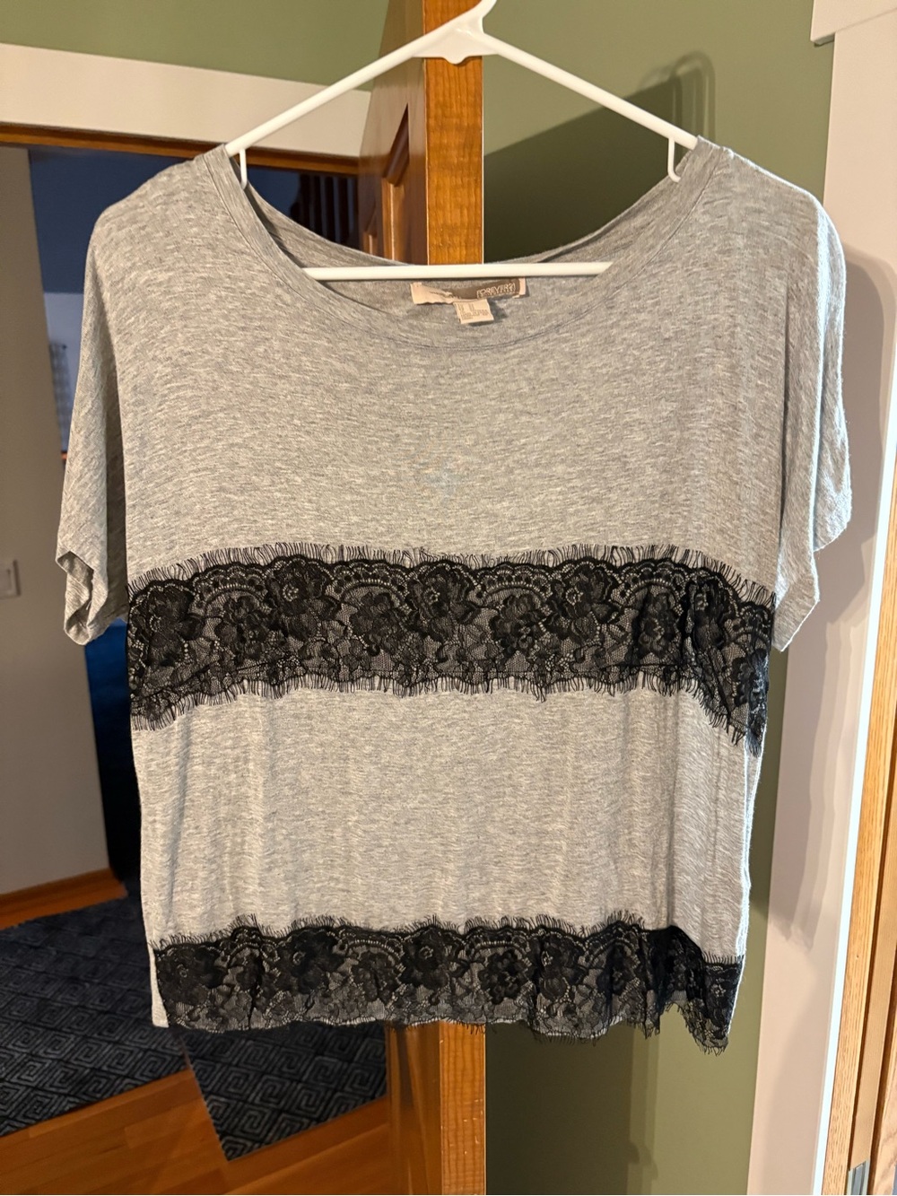 Forever 21 Gray Short Sleeve Top with Black Lace Trim